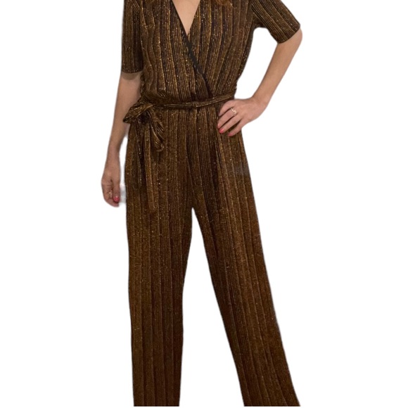 Alexa B Nites Bronze & Black Striped Metallic Jumpsuit Size 4 - Picture 3 of 9